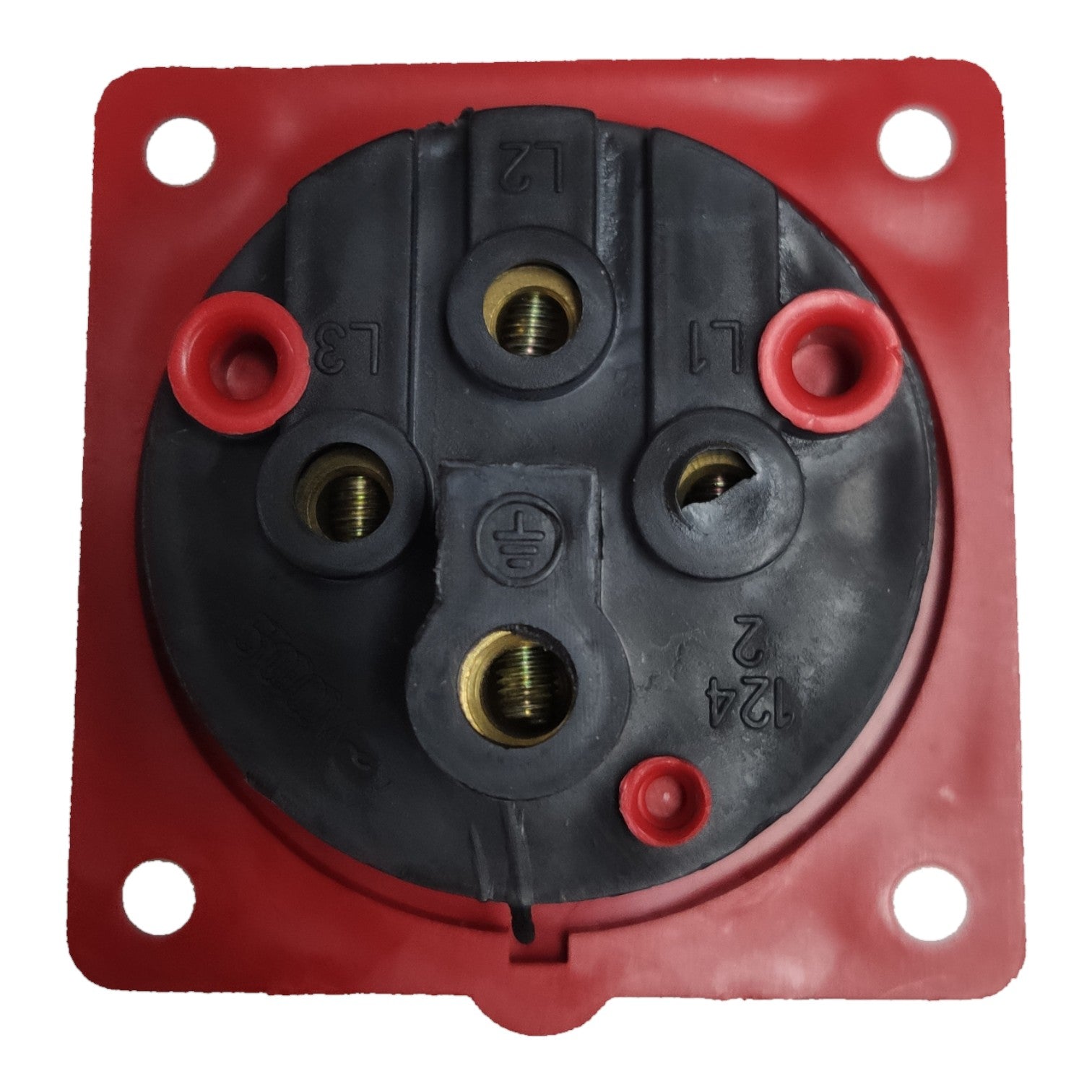 Electrical socket with red frame and black center on a white background