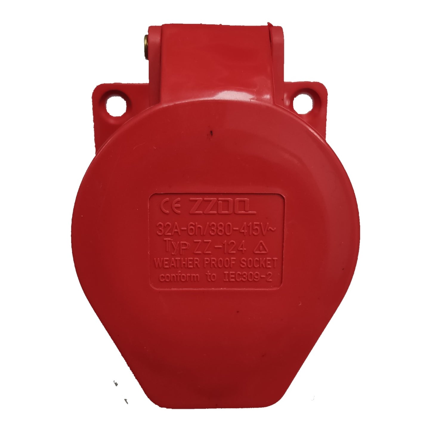 Red weatherproof socket with CE and ZZDQL branding on a white background