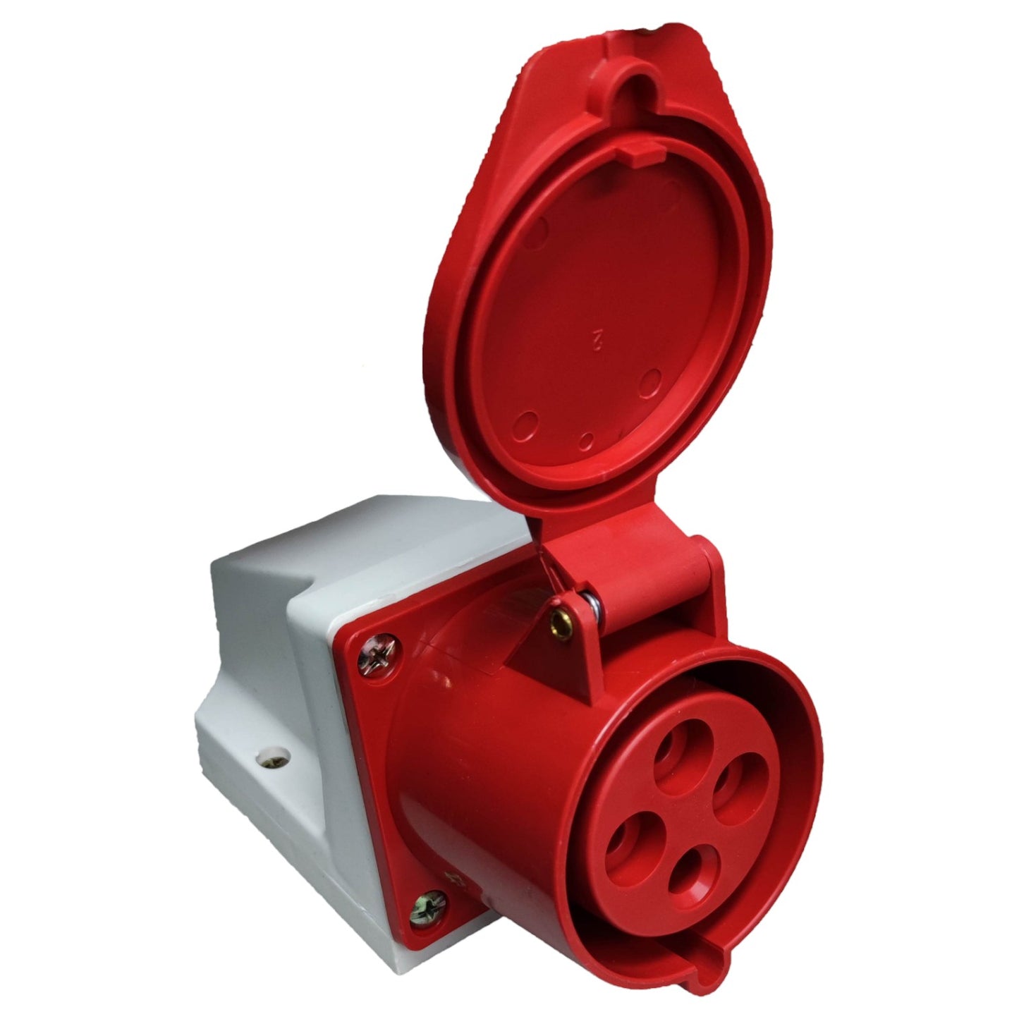 Red electrical socket on a white background