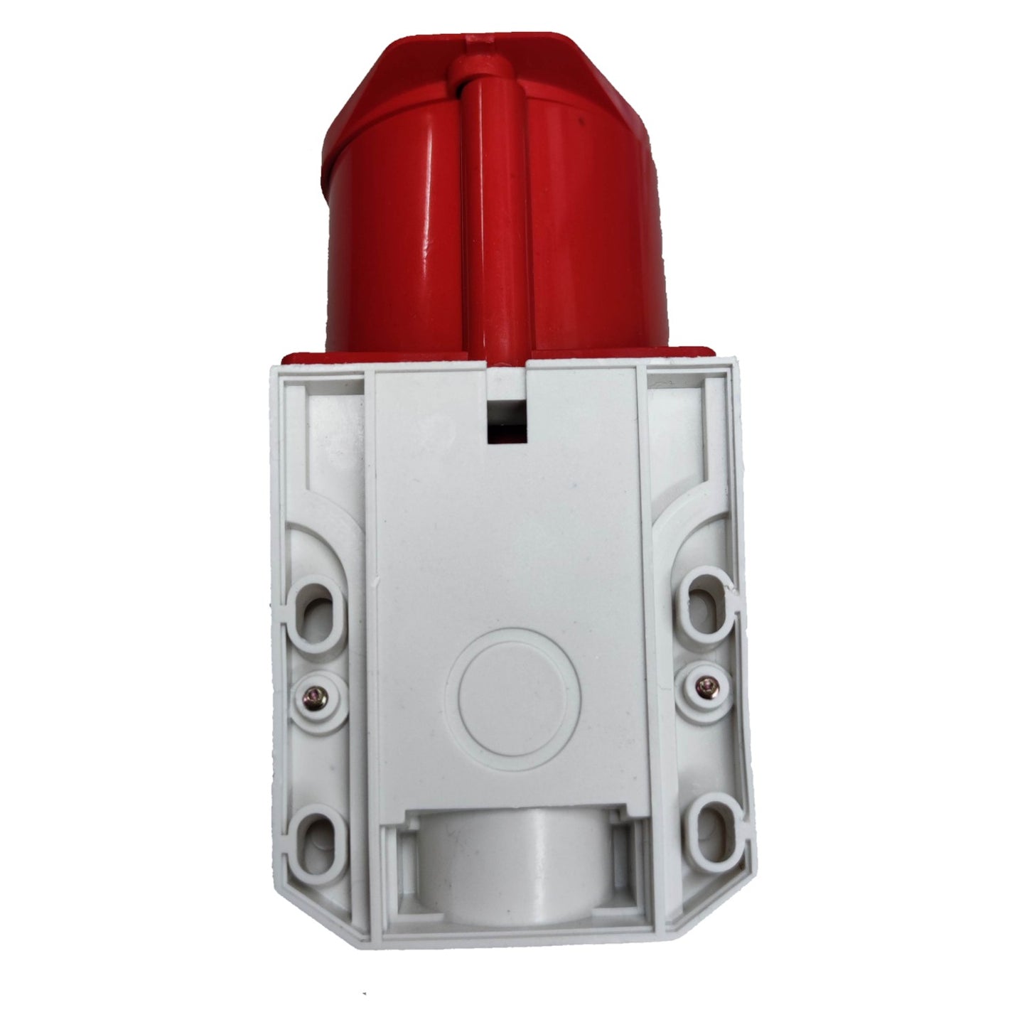 Red and gray electrical junction box on a white background