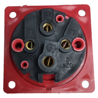 Electrical junction box with red cover and black interior on a white background