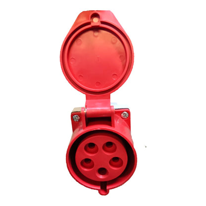 A red plastic 5-pin industrial power outlet with an open hinged cover, shown against a plain white background.