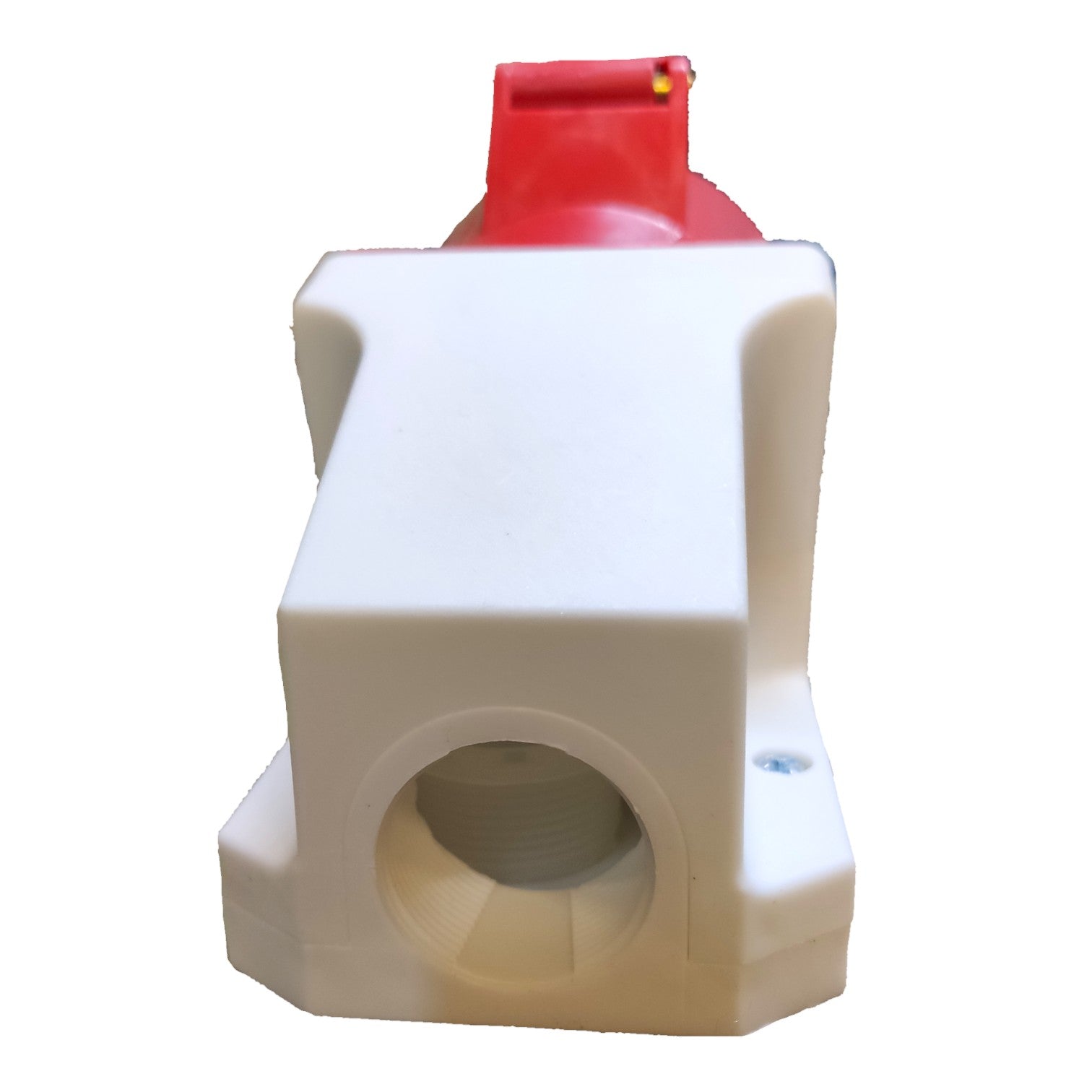A plastic industrial valve or connector component with a white body, a circular opening on the front, and a red top section, isolated on a white background.