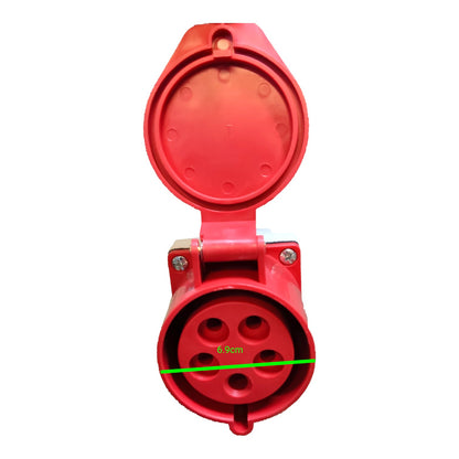 A red three-pin electrical plug socket with its protective flip-up cover open, shown on a plain white background with a green measurement line and text indicating a 6.5 cm width.