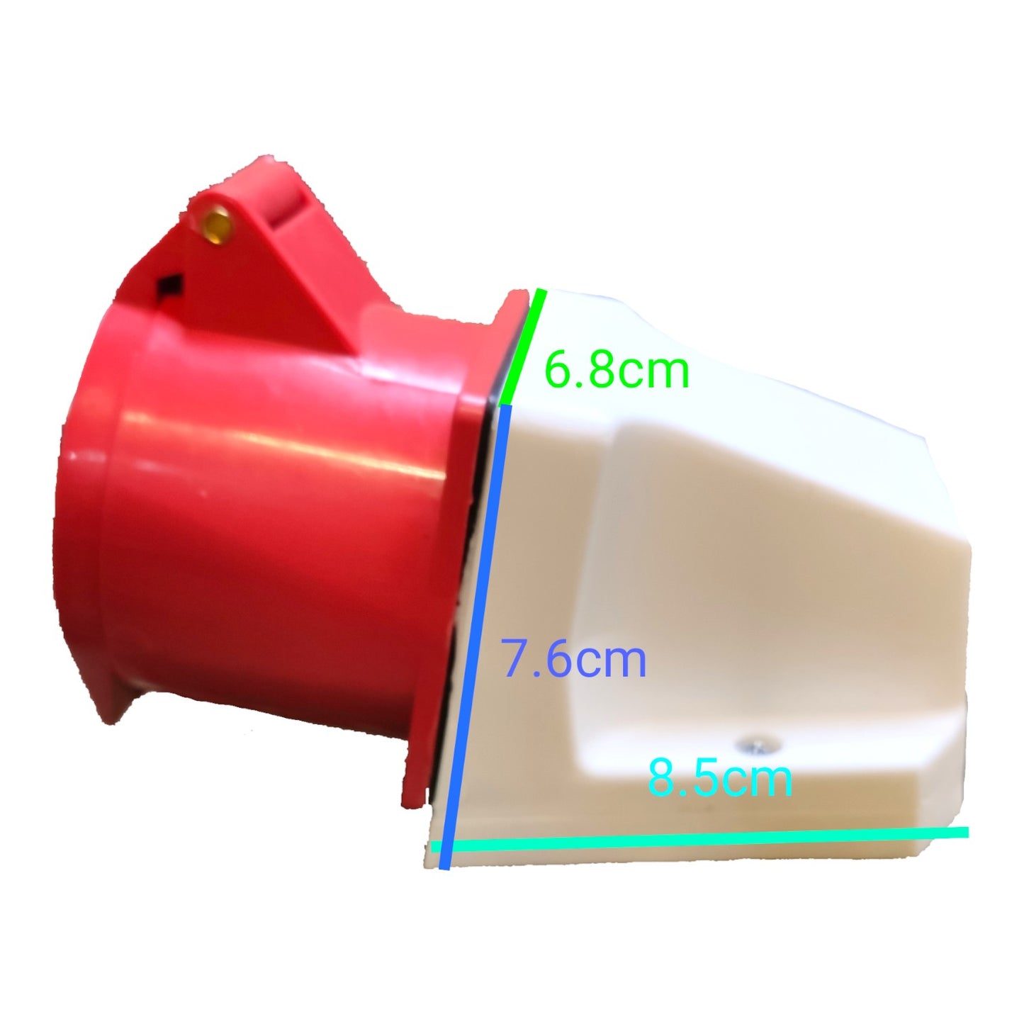 A red and white plastic component shown on a white background with overlaid dimension lines and measurements in centimeters: 6.8 cm, 7.