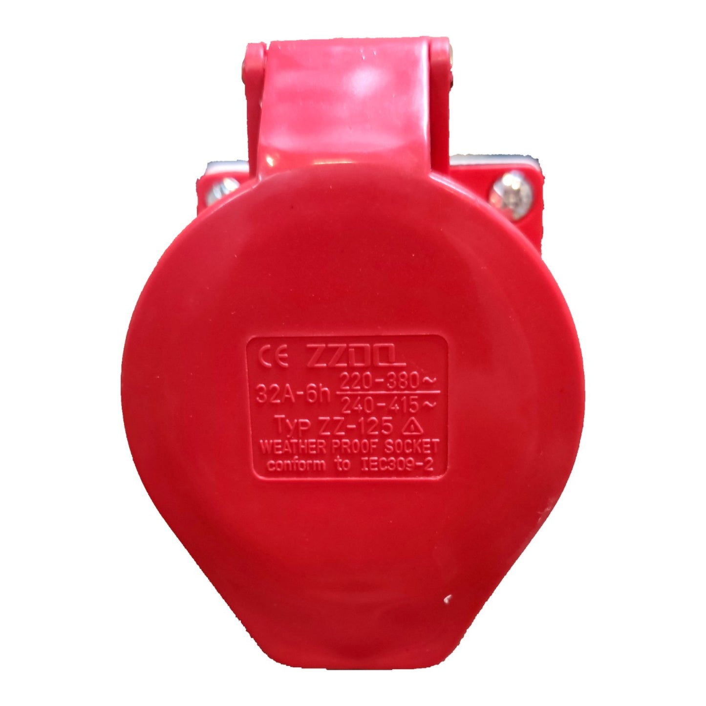 A red plastic weatherproof socket outlet with molded technical specifications printed on the front face, isolated on a white background.