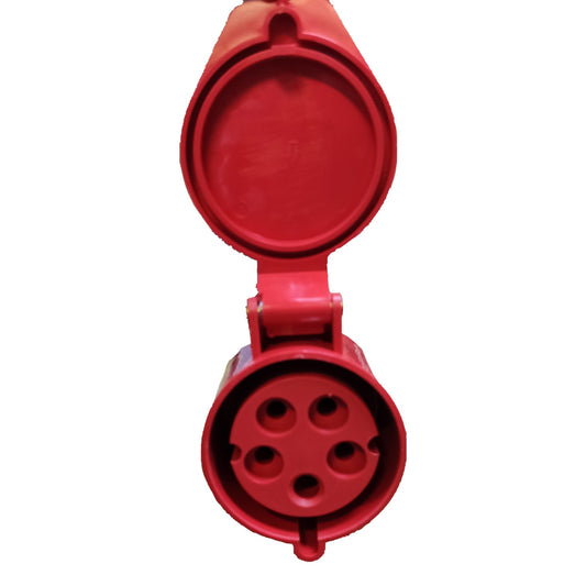 Red electrical plug on a white background
