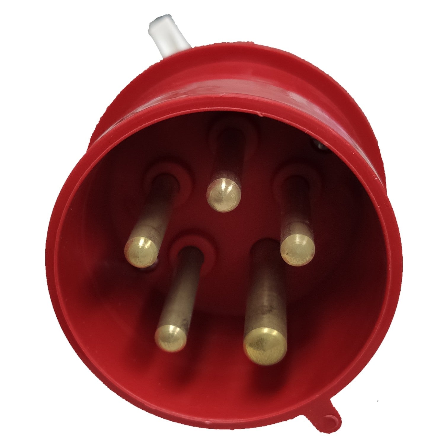 Red electrical plug with brass pins on a white background