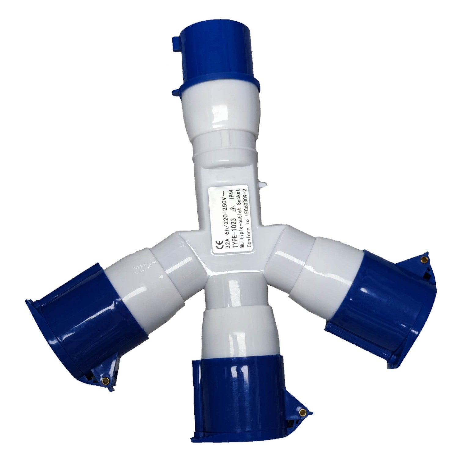White and blue plastic fitting on a white background Grippes 32A Industrial Splitter Connector 2P+E 220V (3 Pins) IP44 1 Male to 3 Female 1x3 1023 IEC309-2