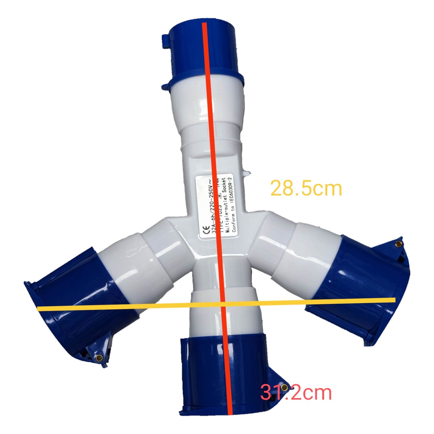 White and blue plastic fitting with measurements on a white background Grippes 32A Industrial Splitter Connector 2P+E 220V (3 Pins) IP44 1 Male to 3 Female 1x3 1023 IEC309-2 Electx Electrical Supply