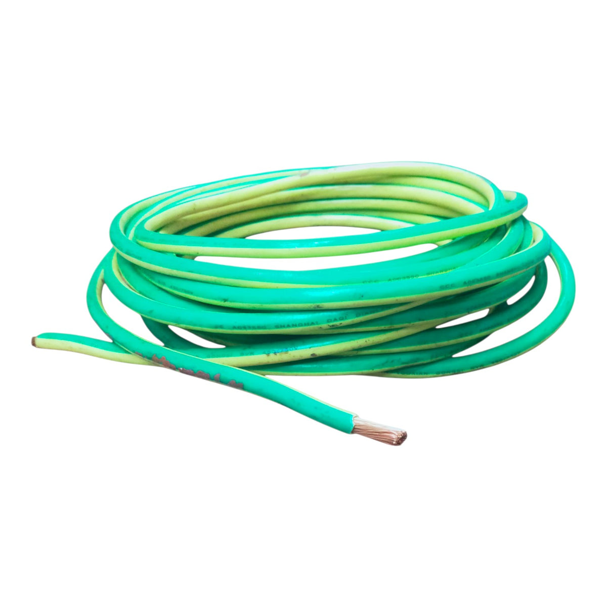 A coiled green electrical cable with a single exposed copper wire strand, shown on a plain white background.