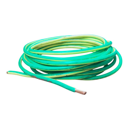 A coiled green electrical cable with a single exposed copper wire strand, shown on a plain white background.