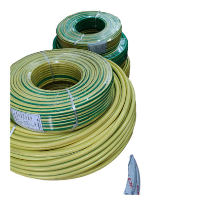 Two large coils of yellow electrical wire with green stripes, wrapped in clear plastic with white labels, on a white background with a small blue tag in the bottom right corner.