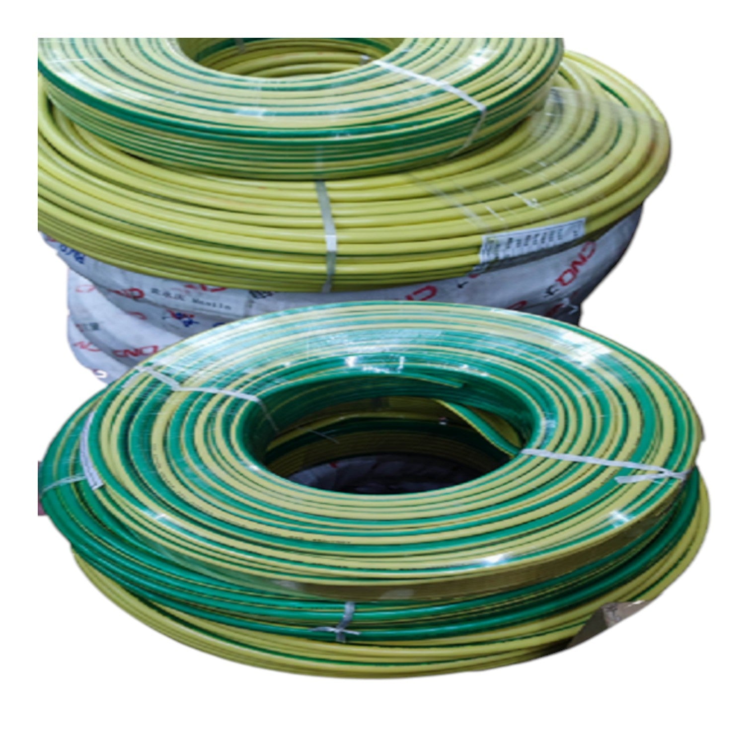 Two large coils of yellow-green electrical wire or cable wrapped in protective plastic, stacked on a white background.
