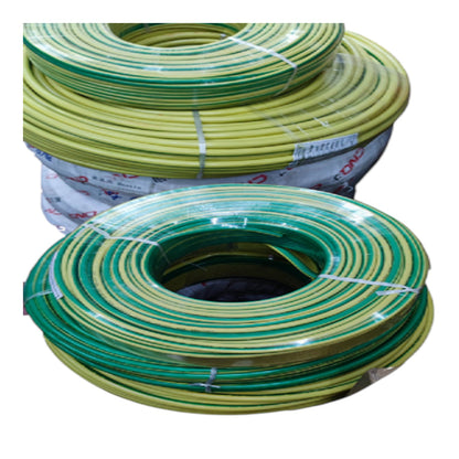 Two large coils of yellow-green electrical wire or cable wrapped in protective plastic, stacked on a white background.