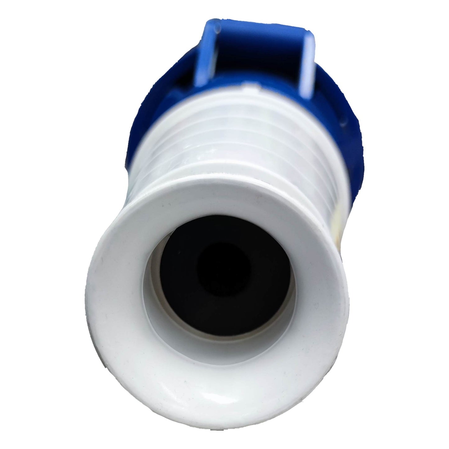 White plumbing fitting with blue cap on a white background