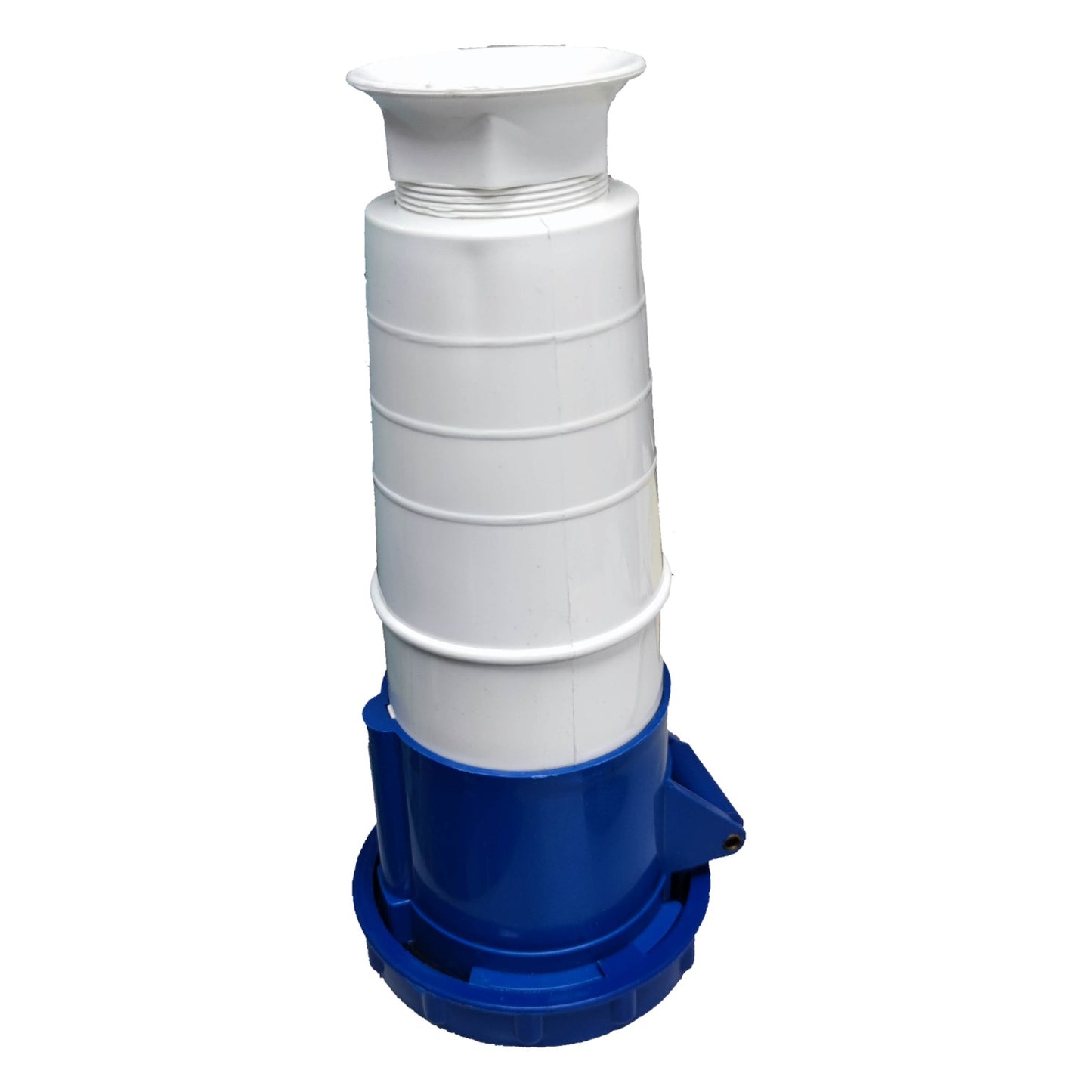 White cylindrical object with blue base on a white background