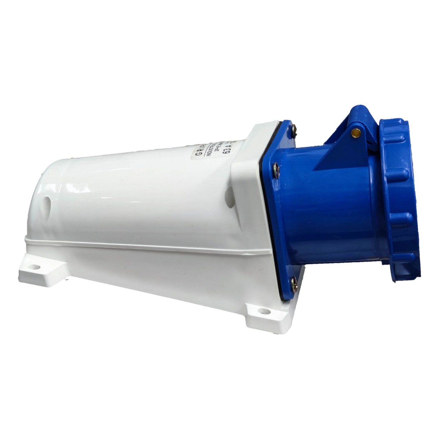 White and blue mechanical component on a white background