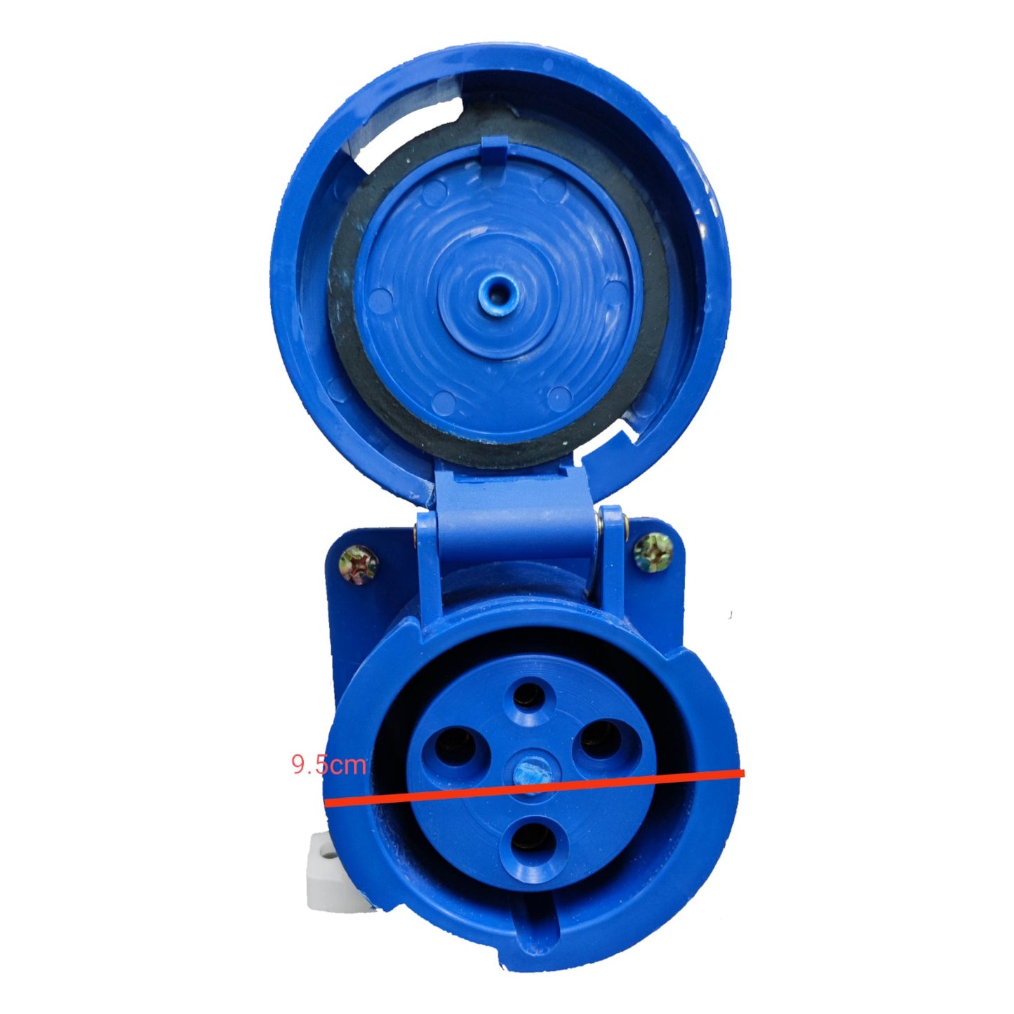 Blue electrical connector on a white background with measurement label