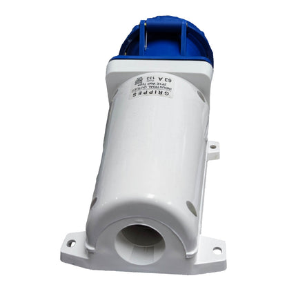 White and blue electrical connector on a white background