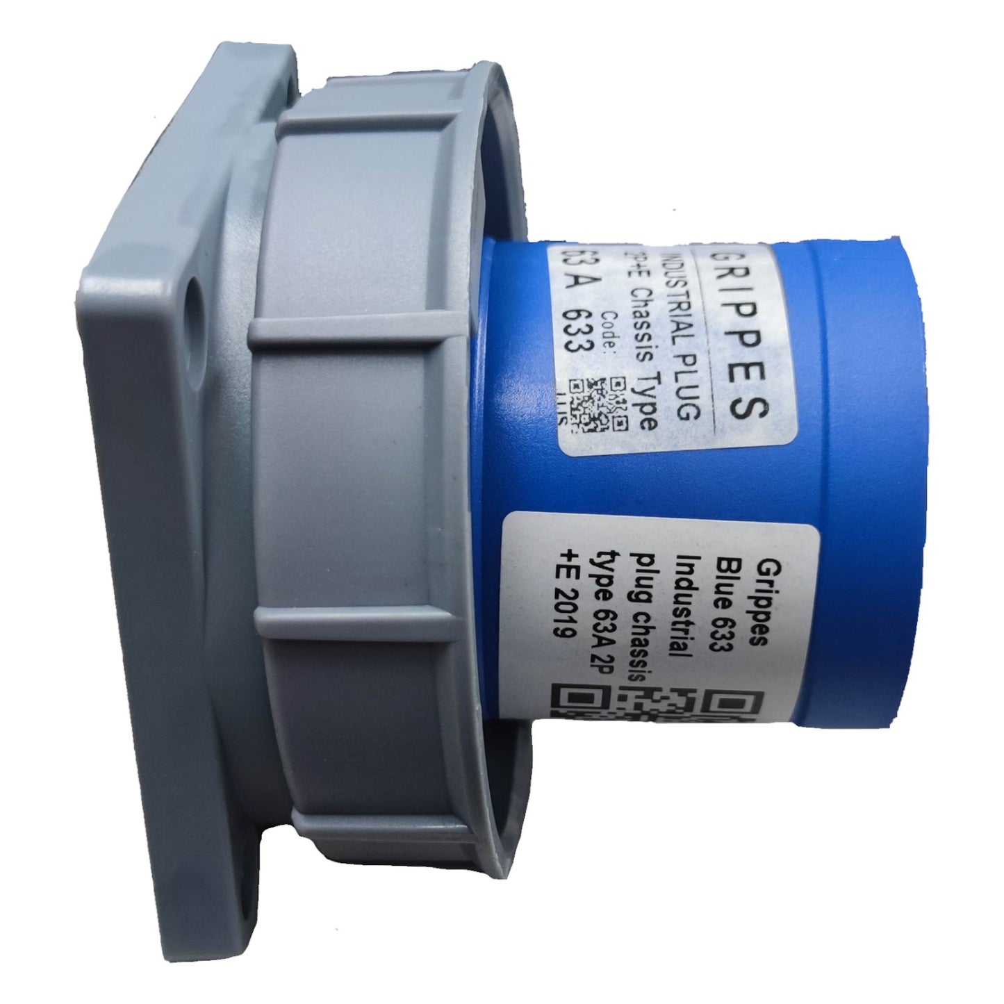 Gray and blue industrial plug with Grippes branding on a white background