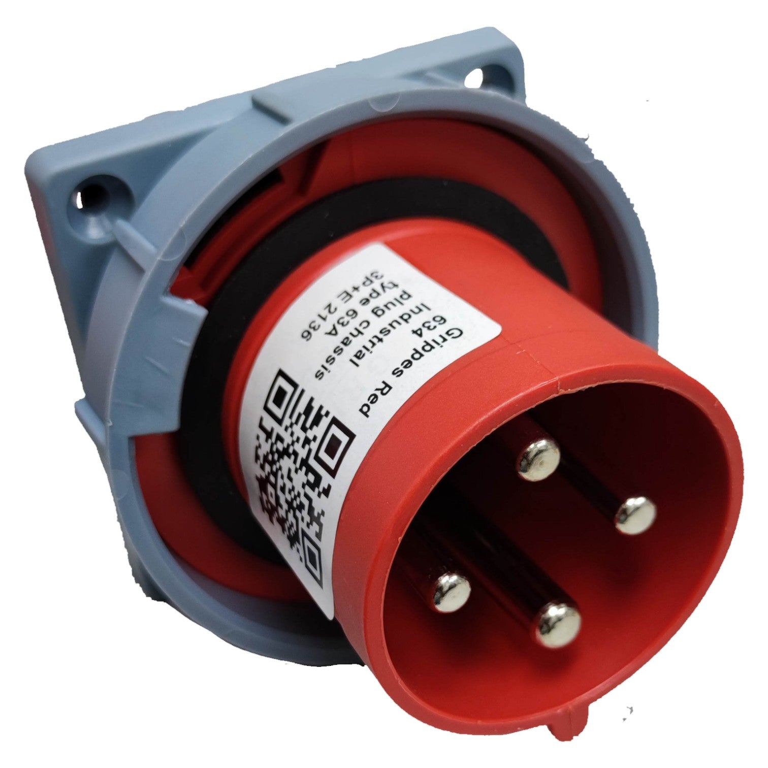 Red electrical plug with gray body on a white background