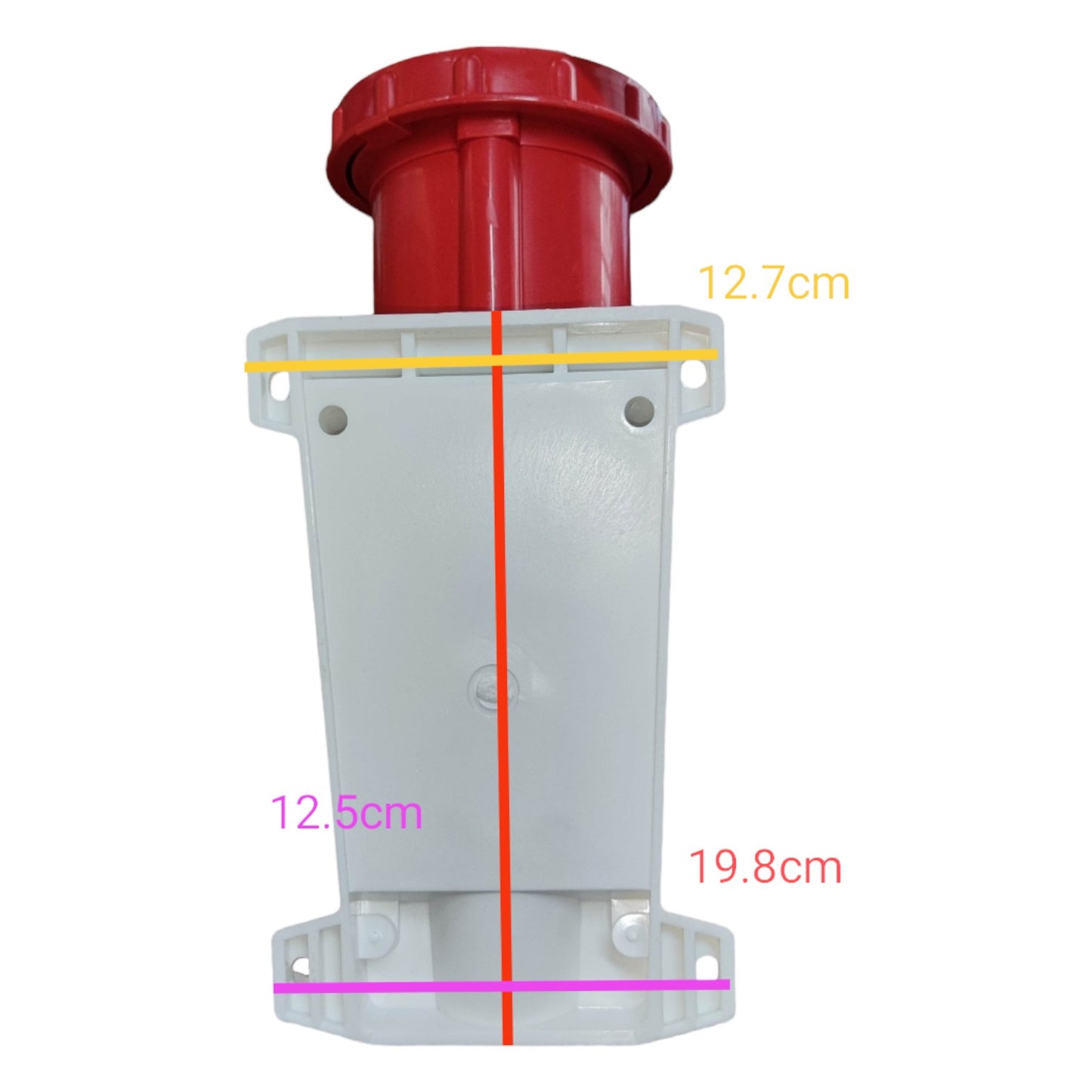 Measurement chart with a red cylindrical object and labeled dimensions on a white background