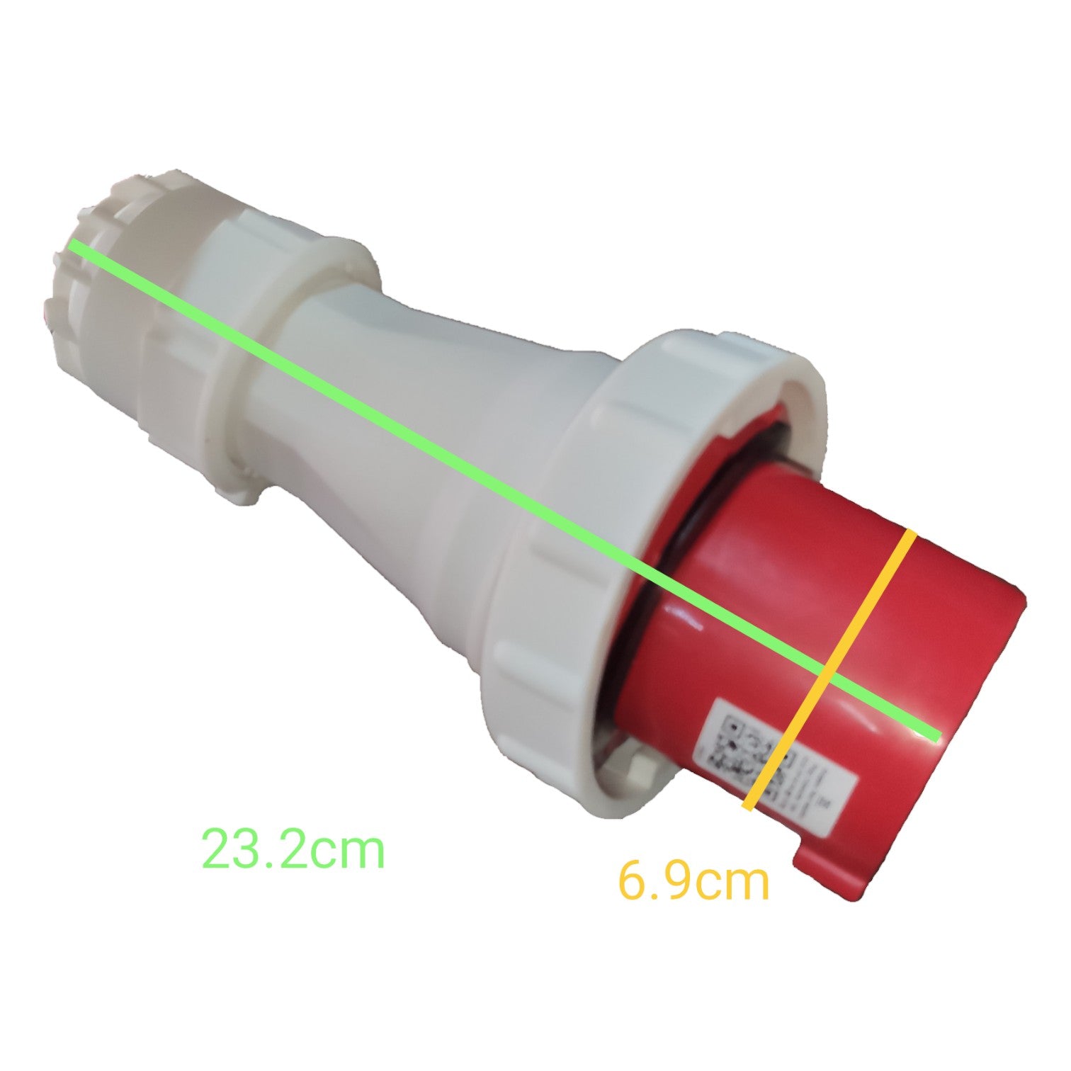Plumbing fitting with measurements on a white background