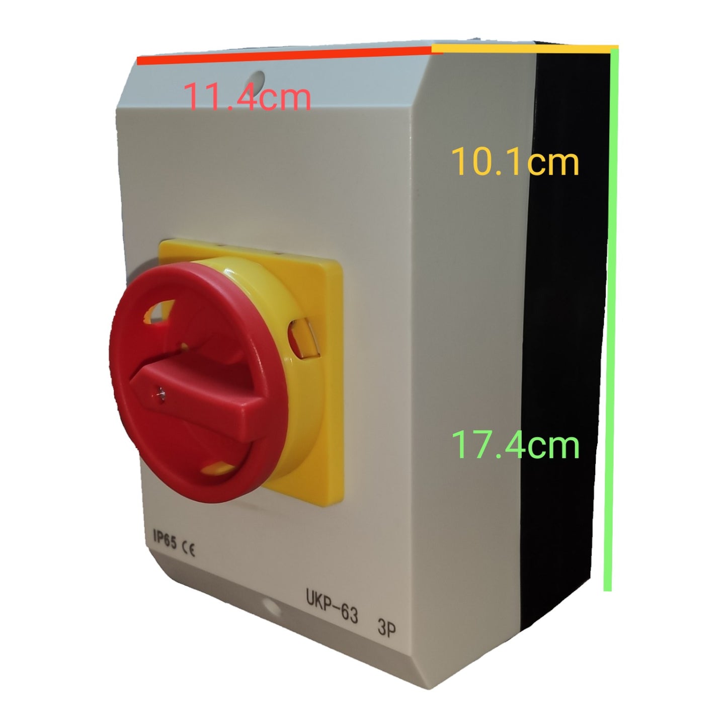 Electrical switch with red button and dimensions labeled on a white background