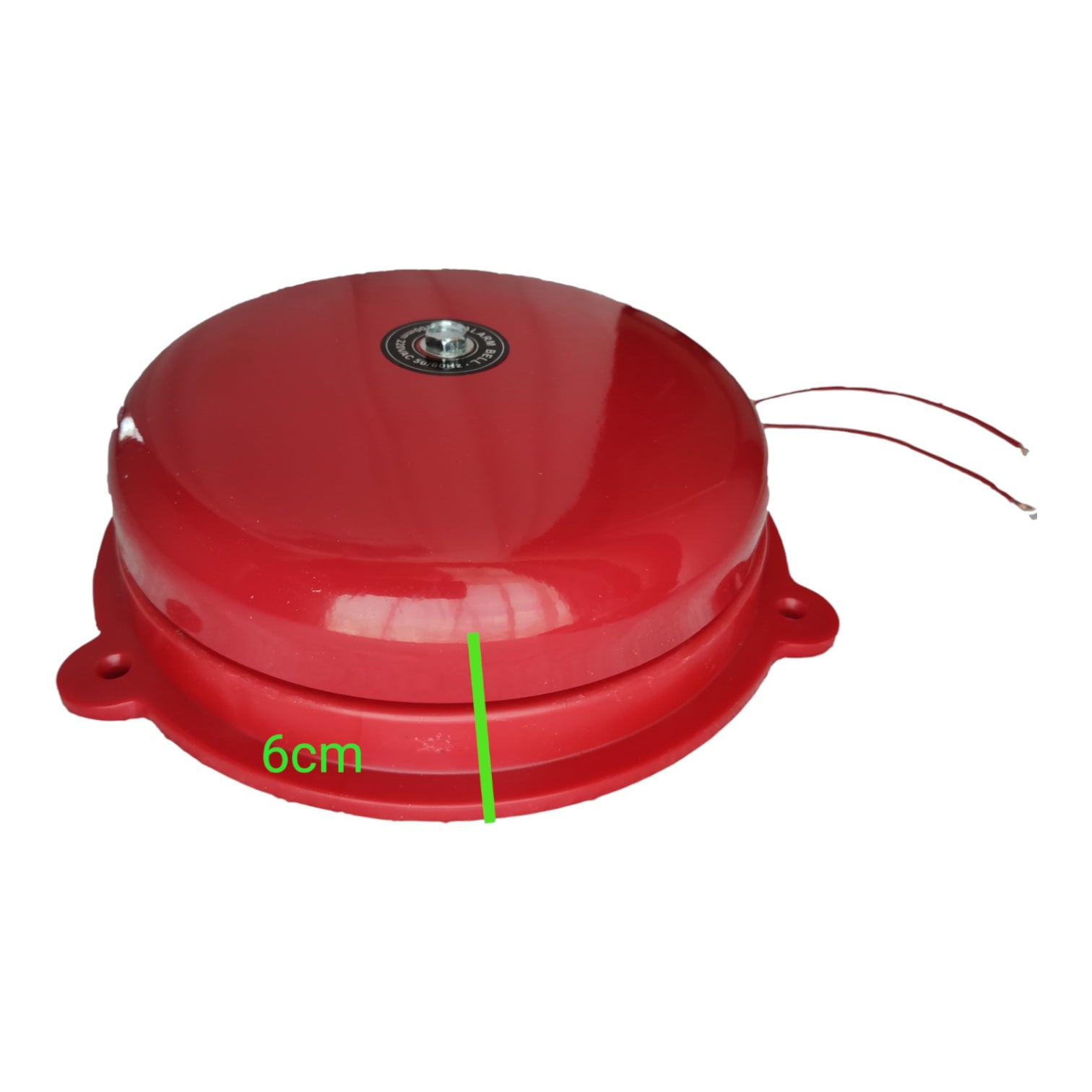 A red dome-shaped alarm bell or signal device with two small side tabs and two wire leads, shown on a white background with a green vertical measurement marker labeled 6cm.