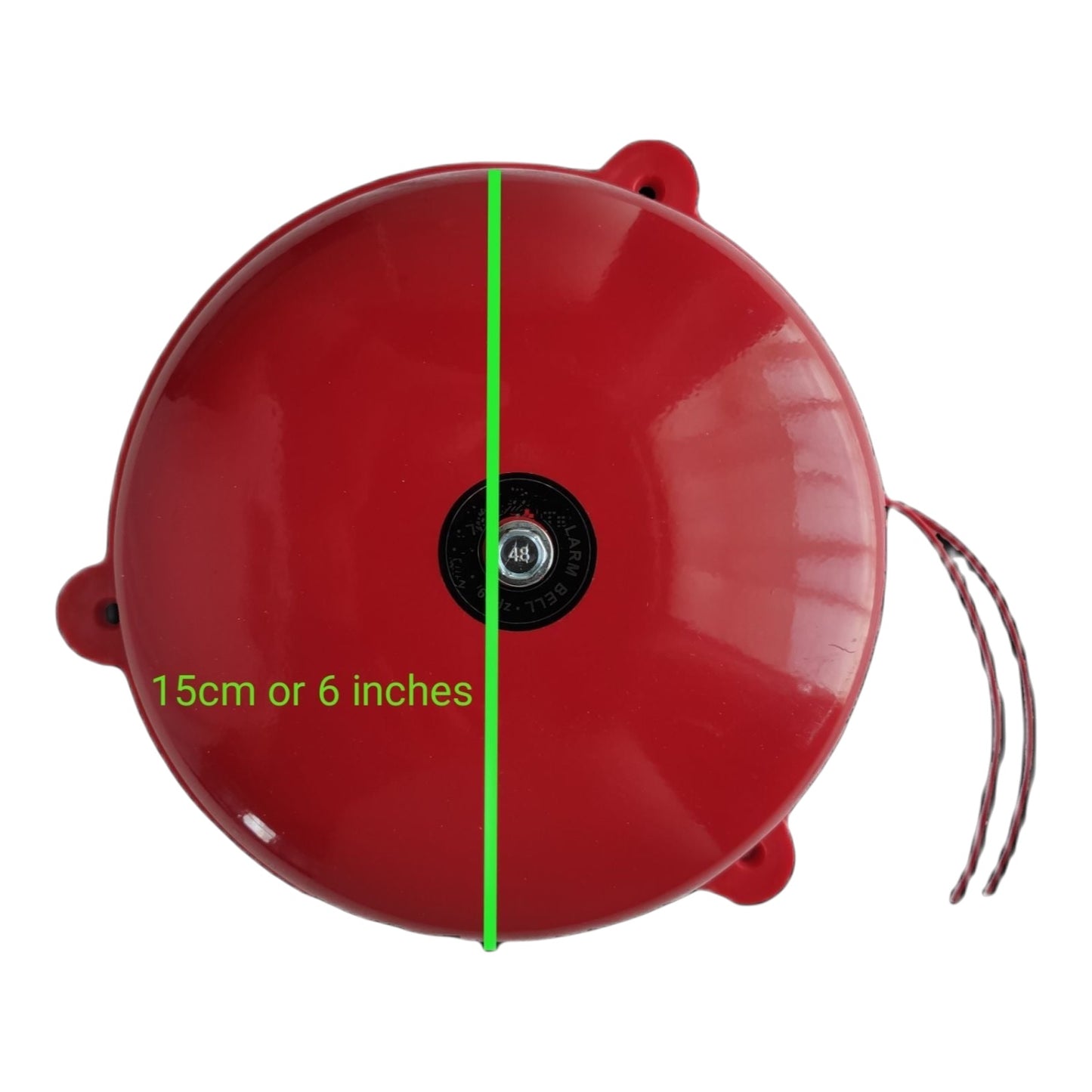 A glossy red round bell with a green vertical measurement line and the text '15cm or 6 inches' indicating its diameter, shown on a white background.