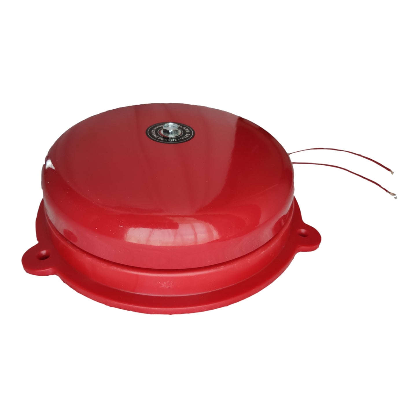A red dome-shaped fire alarm bell with a mounting base and two wire leads, shown on a plain white background.
