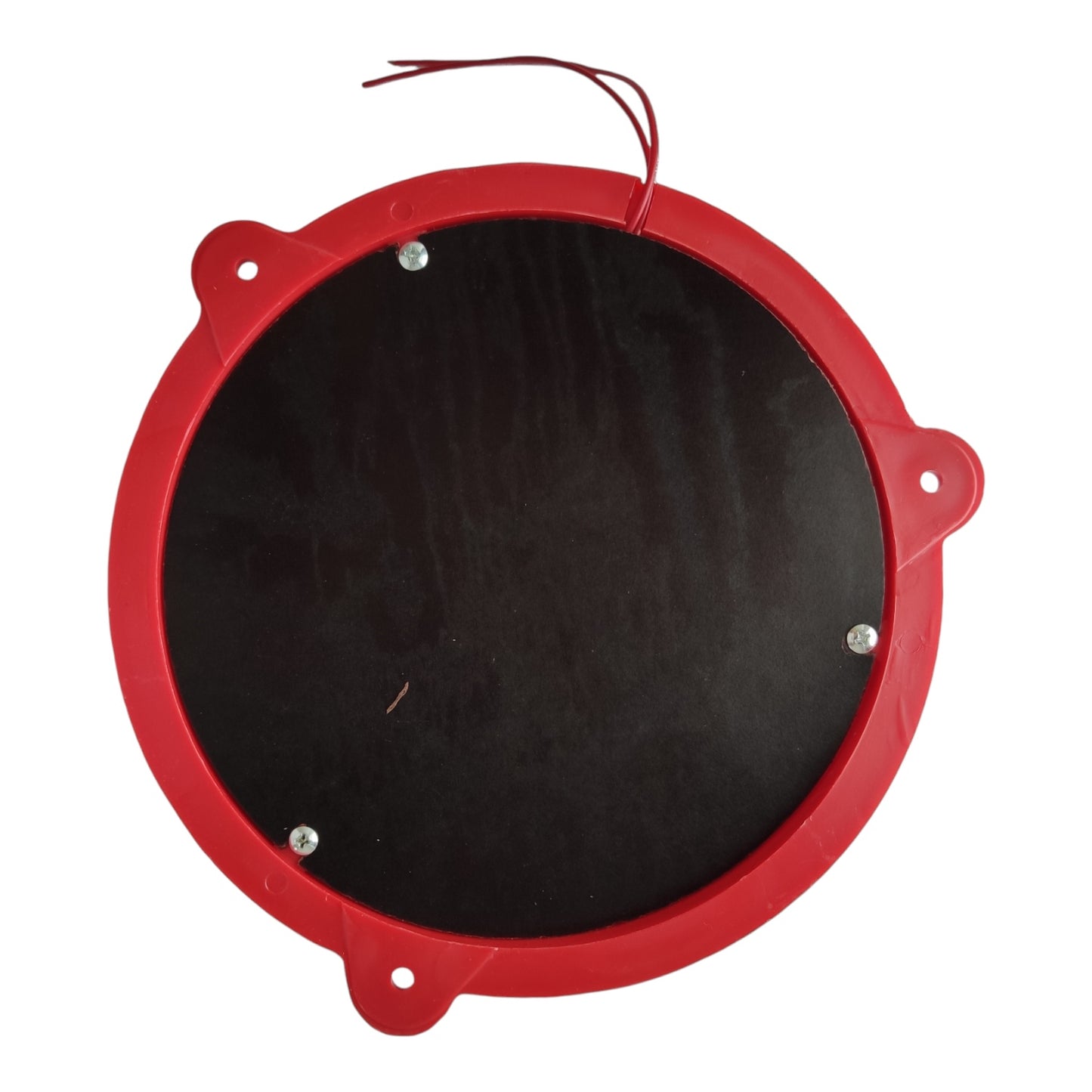 A circular red and black electronic component, likely a sensor or relay module, featuring a red plastic frame with three mounting tabs and a small red wire lead at the top, shown on a white background.