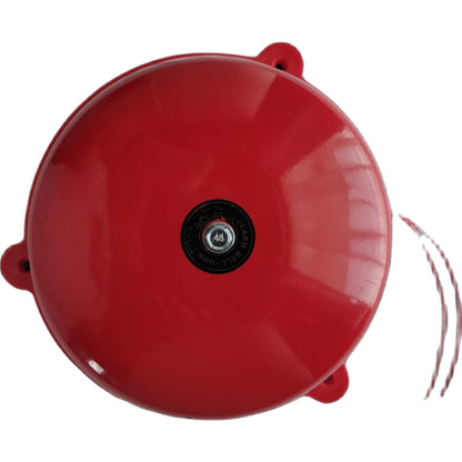 A glossy red dome-shaped bell or alarm with a black circular center label and a small silver screw, shown on a plain white background with a thin wire extending from the right side.