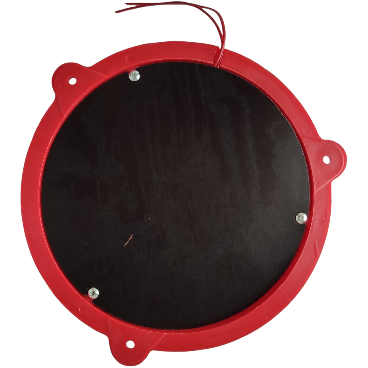A circular red plastic mounting frame with a black center panel secured by four silver screws, featuring a red wire loop at the top and three mounting tabs at the corners, shown on a white background.