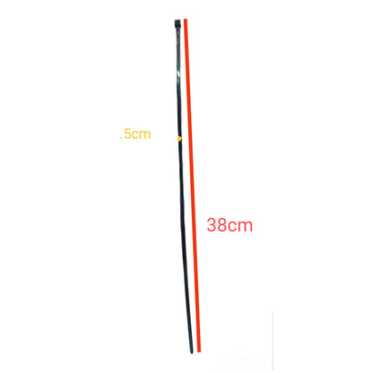 A long, thin black strip shown vertically on a white background, with a red measurement guide and text indicating 38 cm length and 0.5 cm thickness.