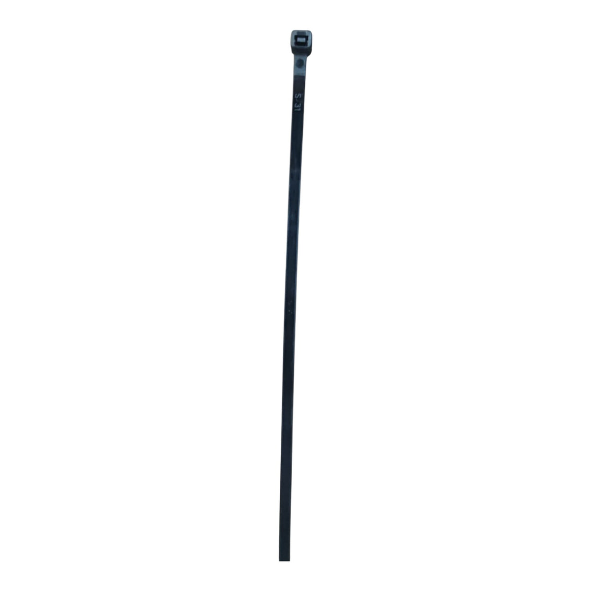 A single black cable tie shown vertically against a plain white background.