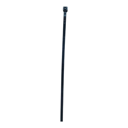 A single black cable tie shown vertically against a plain white background.