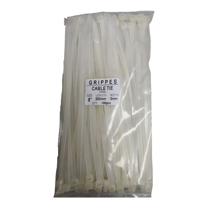 A clear plastic bag containing 100 white cable ties, with a white paper label in the center that reads 'GRIPPES CABLE TIE' and includes size details.