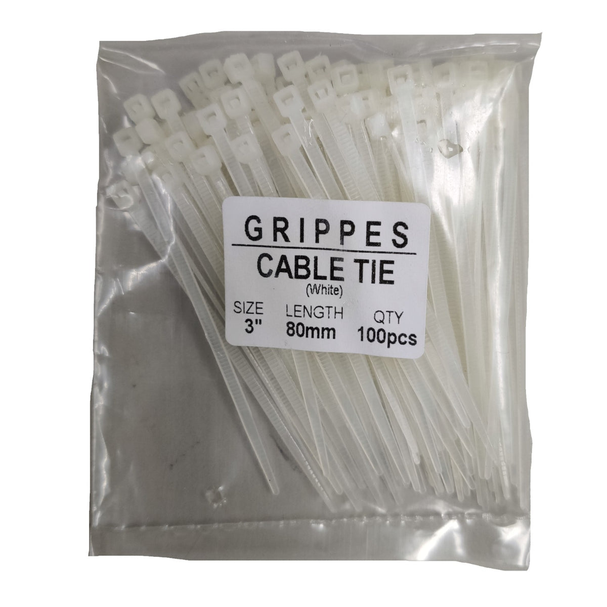 A clear plastic bag filled with white 3-inch cable ties, with a white label reading 'GRIPPES CABLE TIE (White) SIZE 3" LENGTH 80mm QTY 100pcs'.