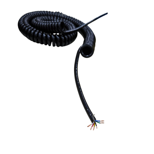 Coiled black telephone cable on a white background
