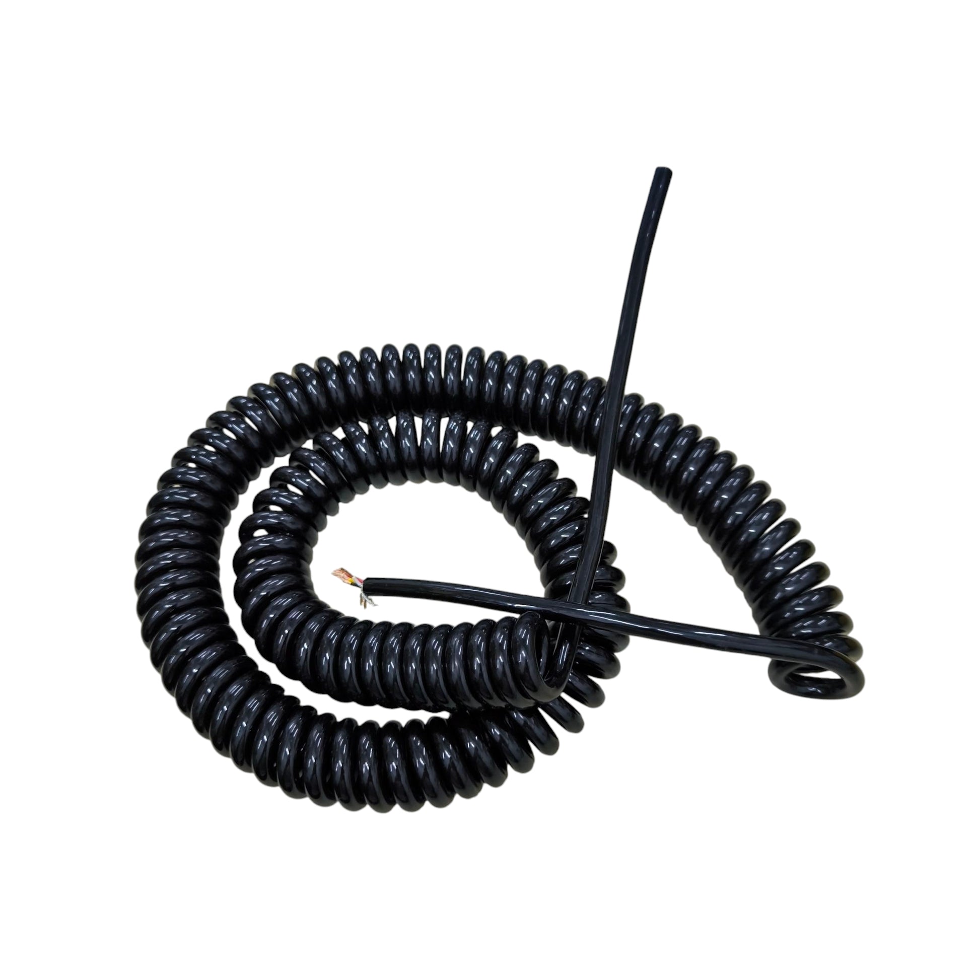 Coiled black cable with a single wire on a white background