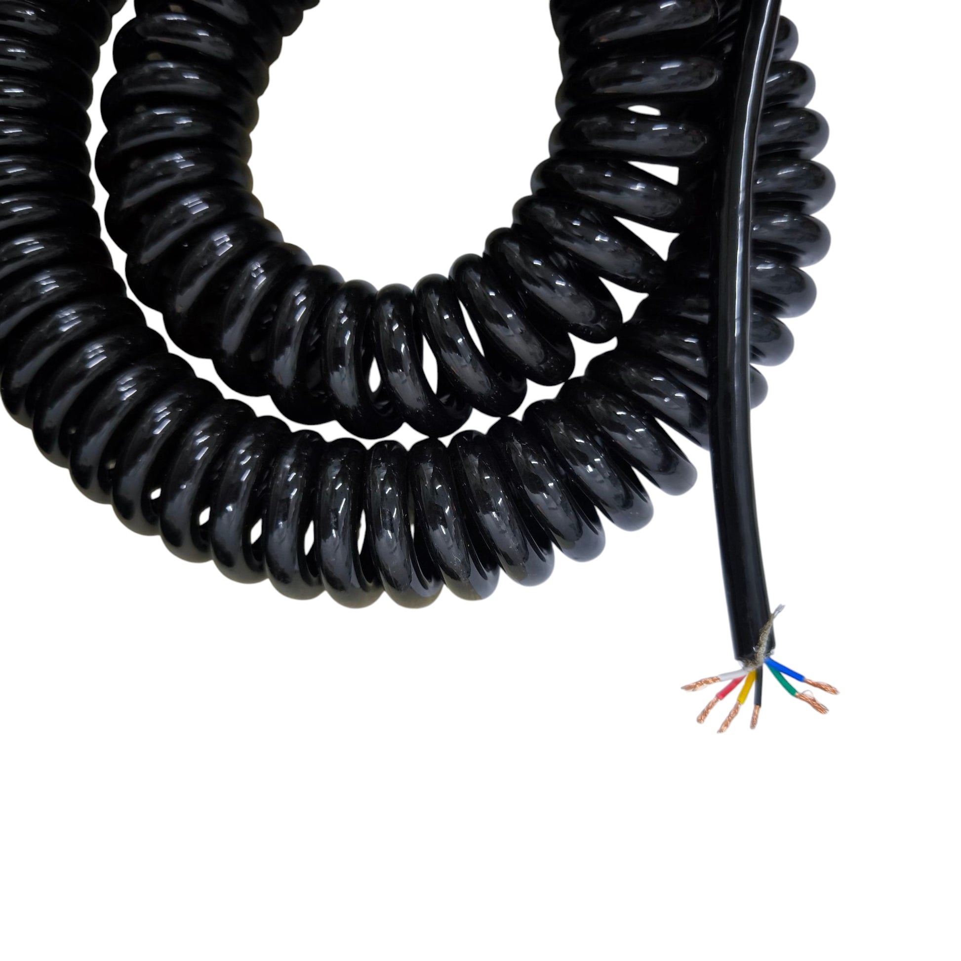 Coiled black cable with exposed multicolored wires on a white background