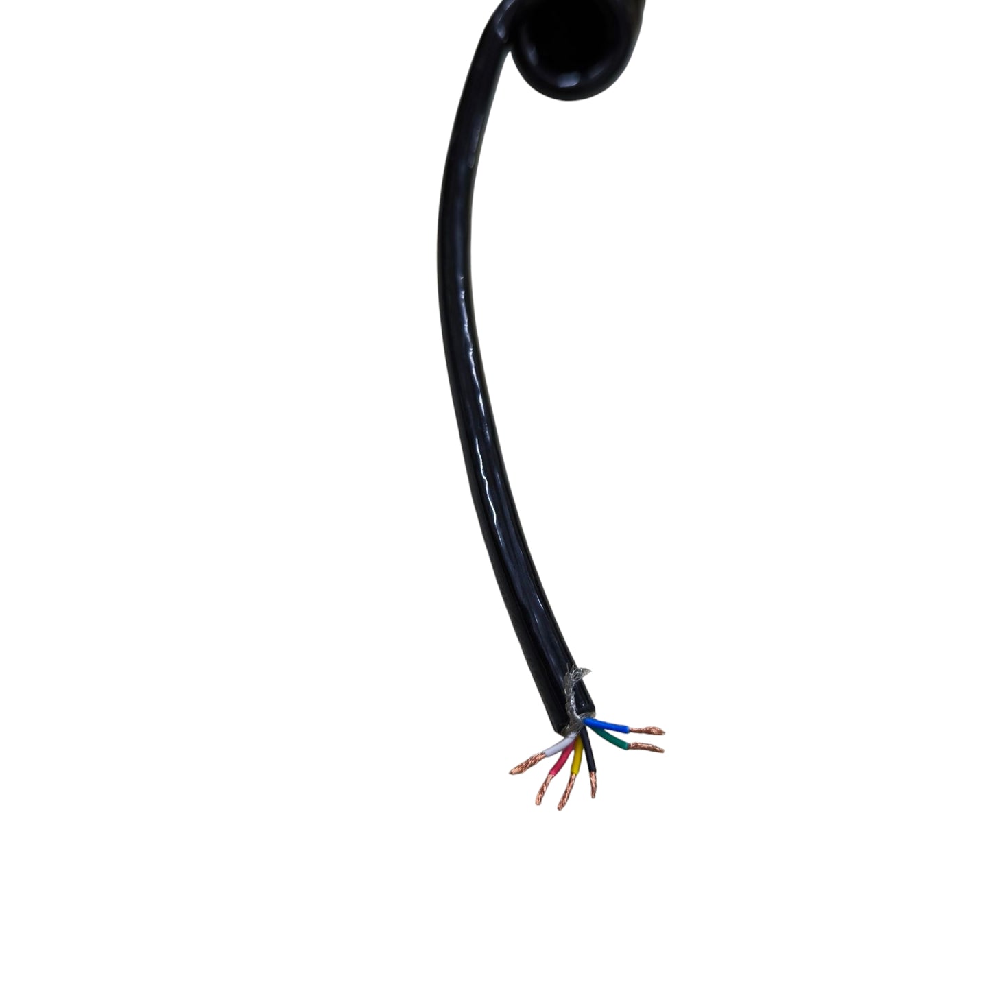 Black cable with multicolored wires on a white background