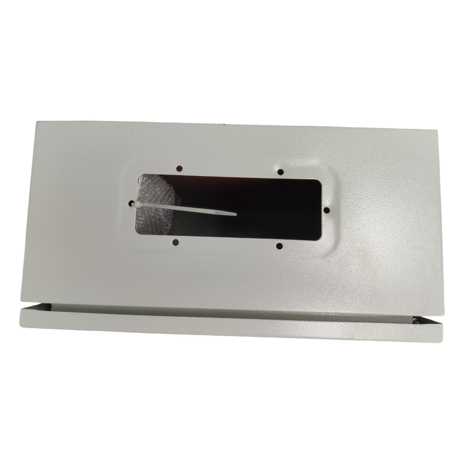 Metallic rectangular object with a central cutout on a white background