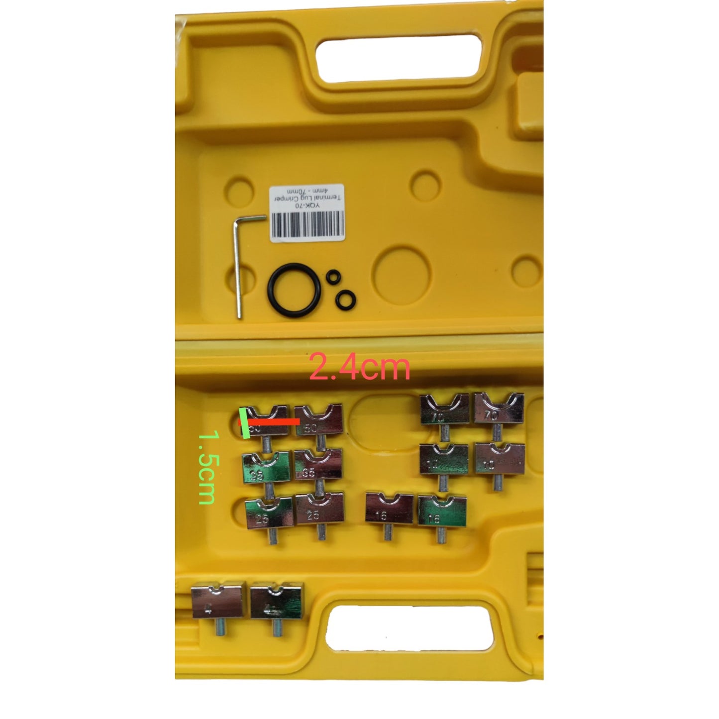 Set of tools in a yellow case with measurements indicated