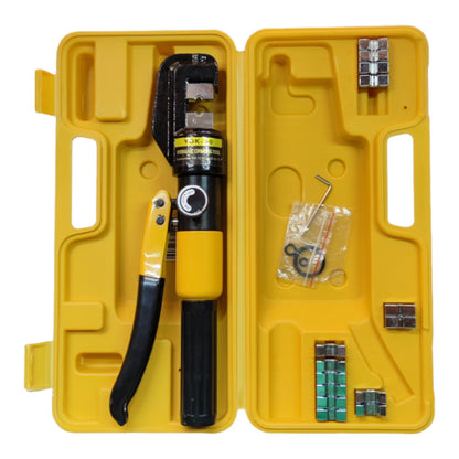 Cable crimping tool with accessories in a yellow case on a white background