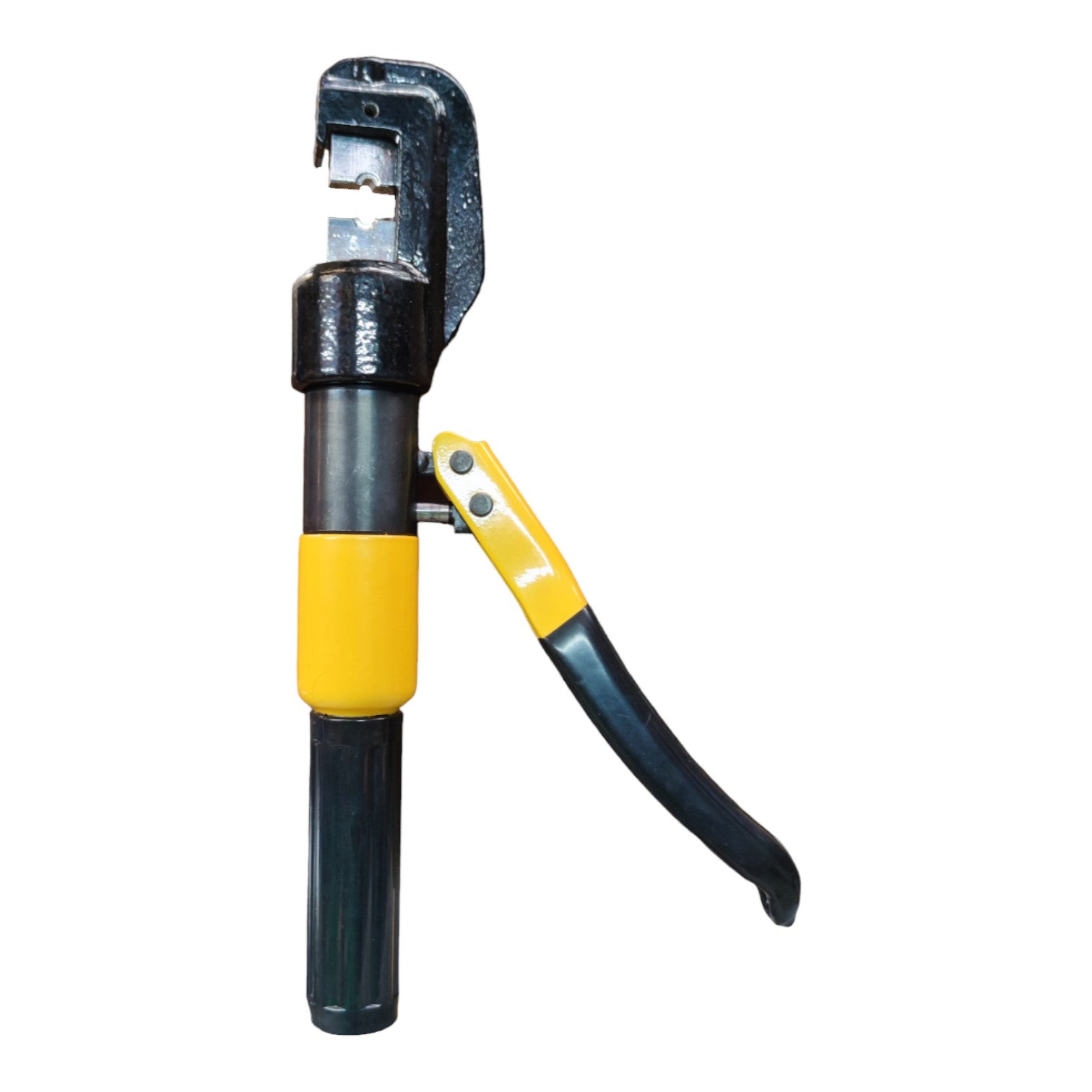 Pneumatic cable cutter with black and yellow handle on a white background
