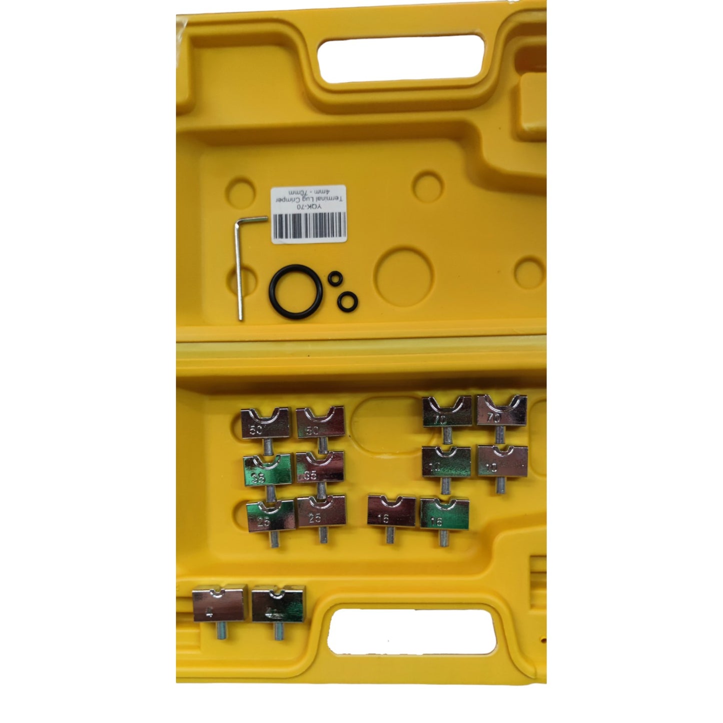 Set of metal tools in a yellow case with a white background