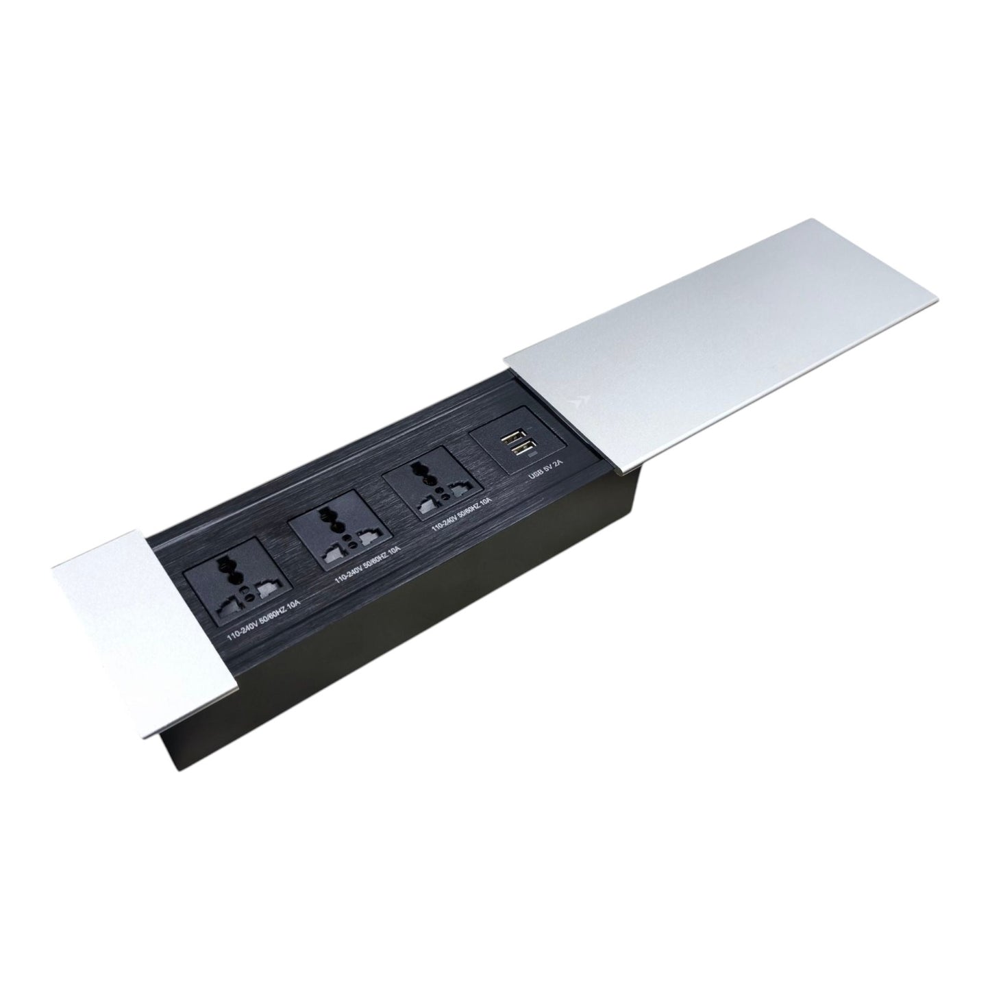 A modern power strip with a silver metallic outer cover that is partially open, revealing a black faceplate with multiple electrical outlets and a USB-C port, set against a plain white background.